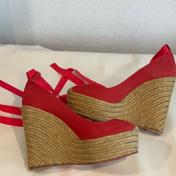 Christian Louboutin red espadrille platform wedge sz 38 vintage - Picture 7 of 12